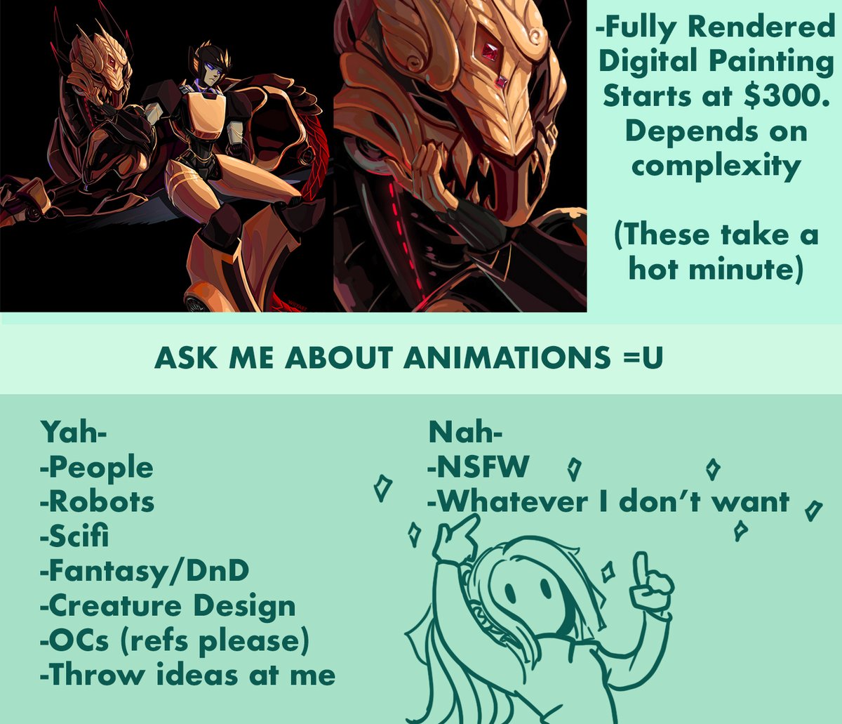 COMMISSIONS. I am opening them. Fooooor pretty much the first time. Prices below. Questions welcome. HMU if interested. I'm improvising like a boss.

Nnnnneat =U #commissionsopen #commissionsopen