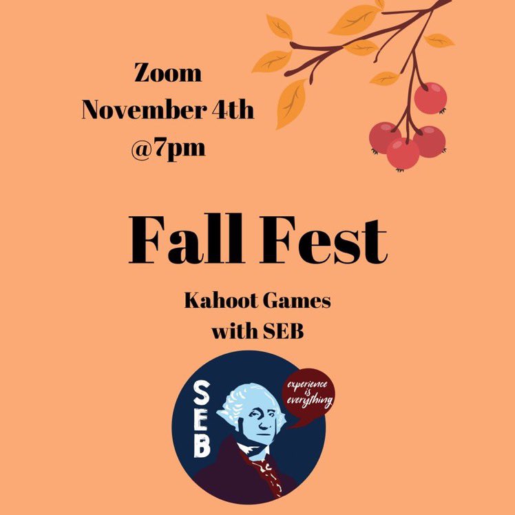 WAC_SEB's tweet photo. Just because we can't have Fall Fest this year doesn't mean you have to miss out! Join us this Wednesday at 7 for some more Kahoot games and PRIZES!! The link will be sent out via email and on the Instagram page (@wac_seb) shortly! https://t.co/LpEgckqhxn