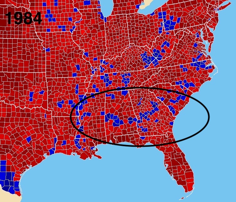 (To be fair, since Democrat Jimmy Carter swept the South in 1976 and 80, you can only actually see it starting in 1984.)