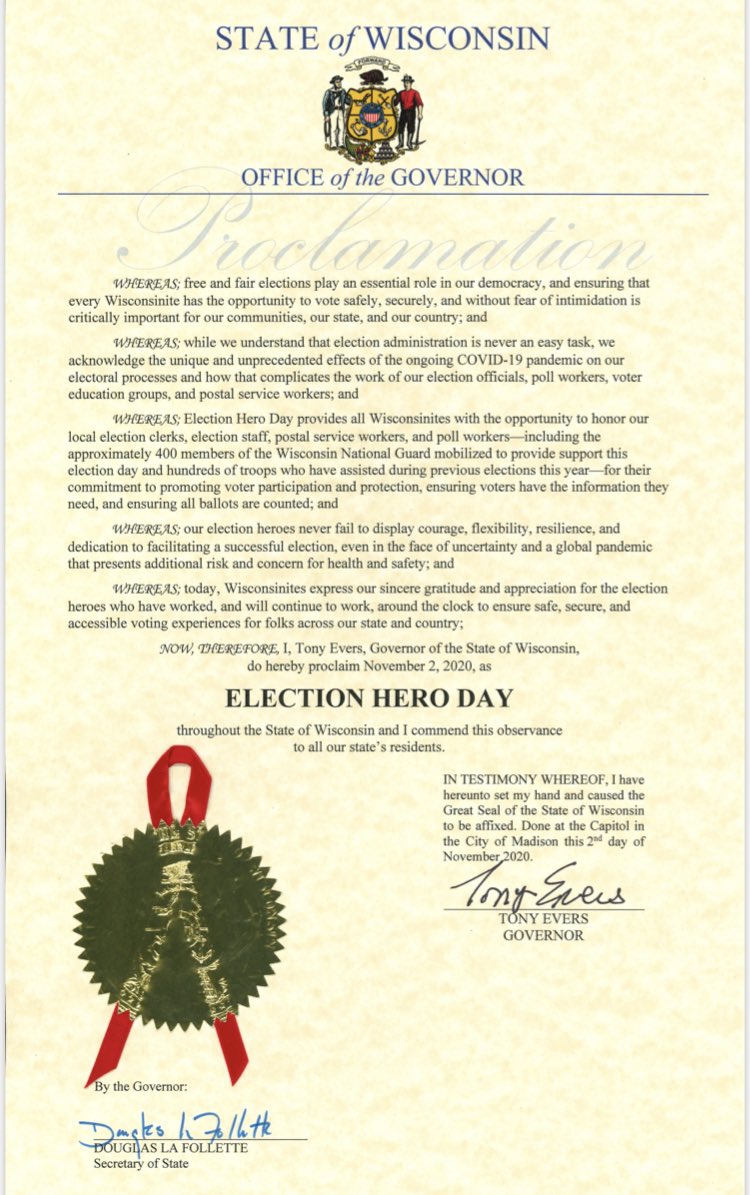 GovEvers's tweet image. Today, on Election Hero Day, we celebrate the local clerks, staff, postal service workers, poll workers, and volunteers for their good work ensuring Wisconsinites have the opportunity to have their voices heard and cast their ballots. #ThankYouElectionHeroes