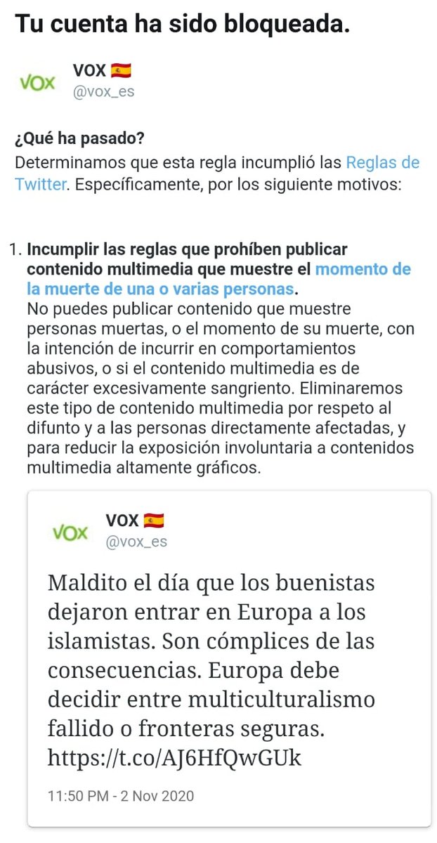 vox_es's tweet photo. Hola @NathaliePicquot

Censuráis a VOX por utilizar un vídeo de los atentados de Viena porque "muestra personas muertas o en el momento de su muerte".

¿Por qué tenéis doble vara de medir?, ¿hay víctimas de primera y de segunda?, ¿pretendéis ocultar los atentados islamistas? https://t.co/FhunFEcJuL