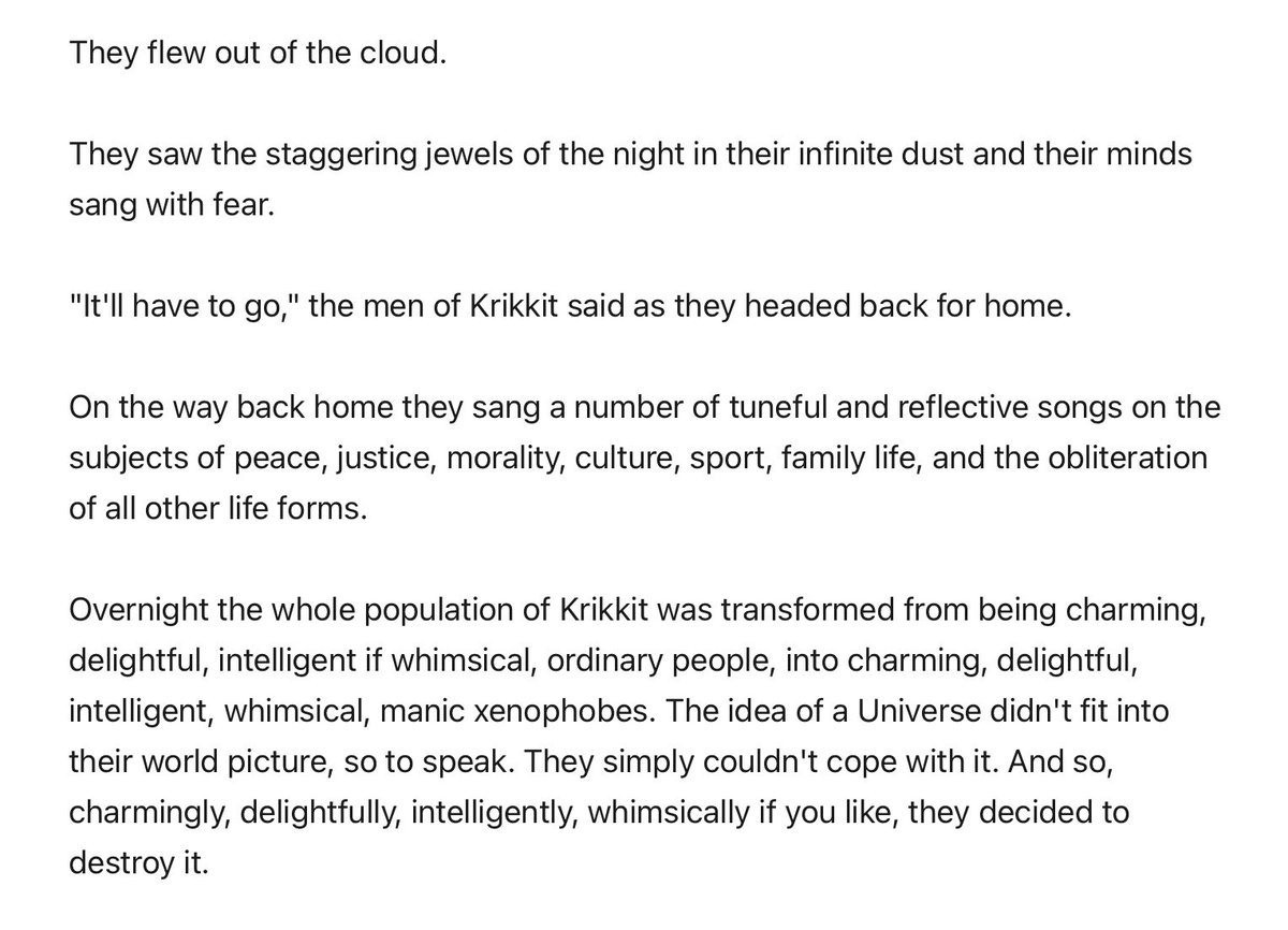 Attempts to humanize Trump supporters with sympathetic portrayals (sad story of farmer etc etc) remind me of the description of the planet Krikkit in HHGTTG.  https://sites.google.com/site/h2g2theguide/Index/k/krikkit