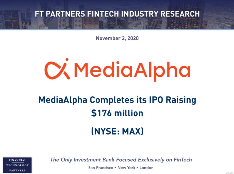 FTPartners's tweet image. Customer acquisition platform for the insurance industry, @mediaalpha completes its IPO raising $176 million – the Company’s stock traded up over 60% in its first day of trading finte.ch/MediaAlpha #FinTech #InsurTech #FinTechIPO