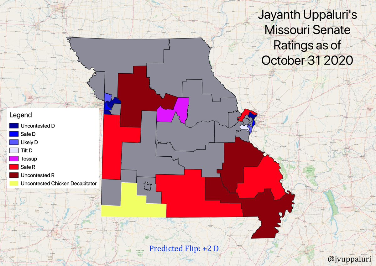 For Senate, my ratings stay the same. SD 15 (suburban STL) tilts D (BIASED SINCE I WORKED ON THE CAMPAIGN), and SD 19 (Columbia/rural MO) is something that I simply can't predict, no matter what the fundamentals tell me (which is that the race tilts D). Rowden is that strong.