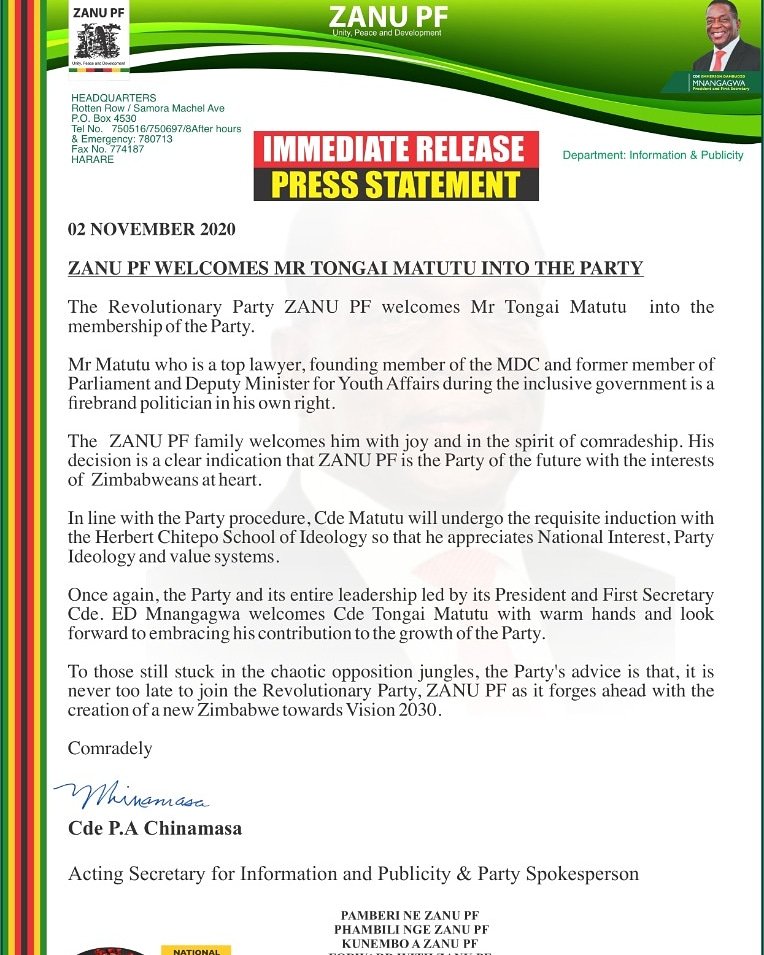 ZANUPF_Official's tweet photo. Welcome you Cde Tongai Matutu to the Revolutionary Family ZANU PF.

It's never too late to join ZANU PF.

Read our full statement as we warmly receive former @mdczimbabwe NEC member into the People's Party @ZANUPF_Official. https://t.co/Ya9Xtq3voS