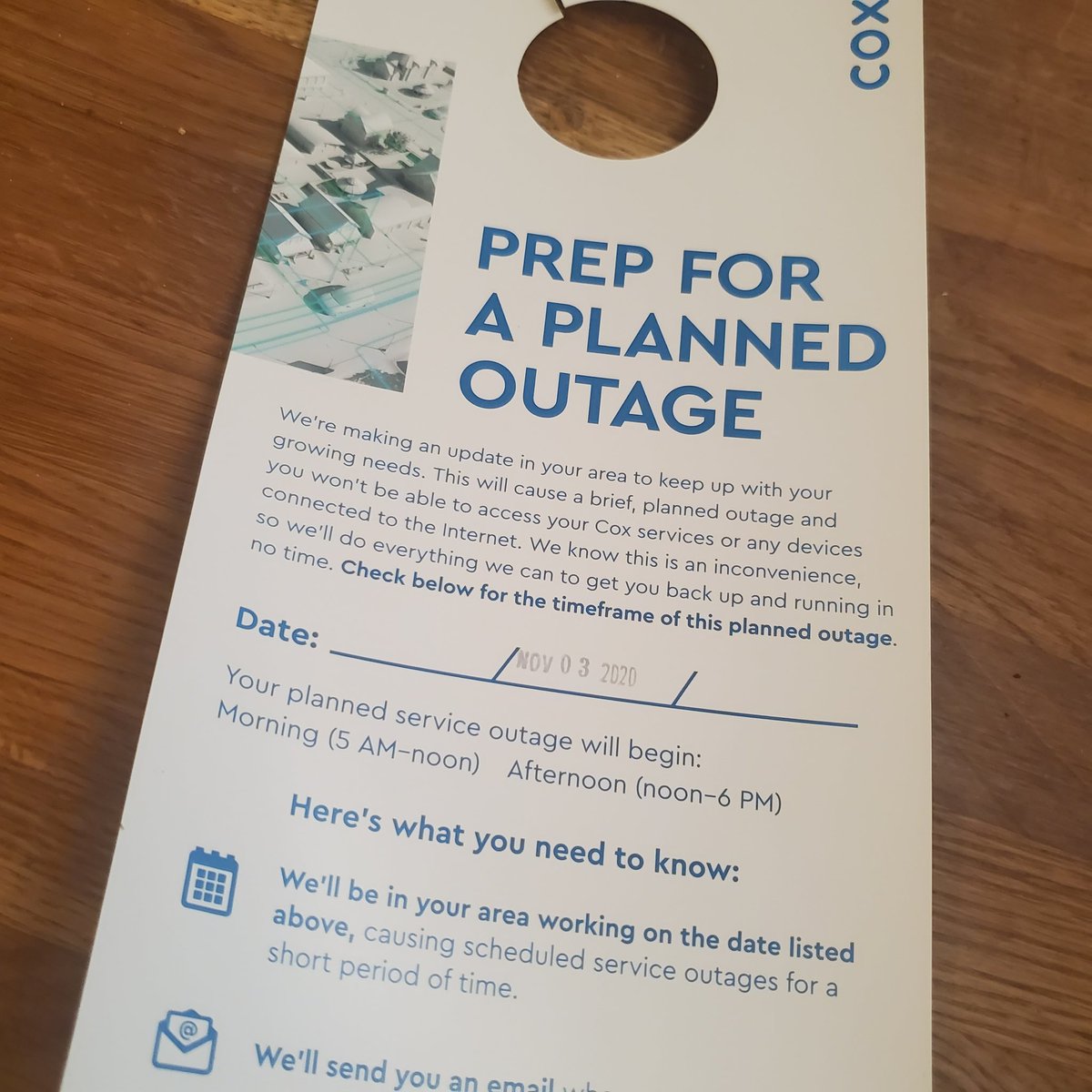 WellnessWingate's tweet photo. @CoxHelp please explain to me how you think election day is an appropriate time for a planned outage? #coxcable #Election2020 https://t.co/h5ITeKPk3E