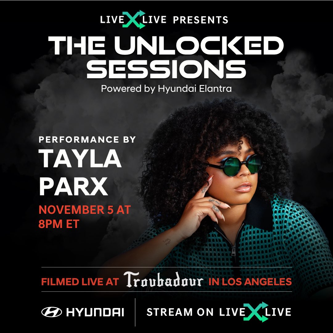 TAYLAPARX's tweet photo. Get ready to have some fun! I’m so excited to perform on @livexlive Presents #TheUnlockedSessions powered by @hyundaiusa Tune in live this Thursday 11/05 at 8pm ET! https://t.co/6dzGkmX2un