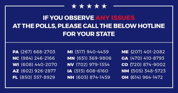 TeamTrump's tweet image. If you observe ANY ISSUES at the polls, please call the below hotline for your state!
