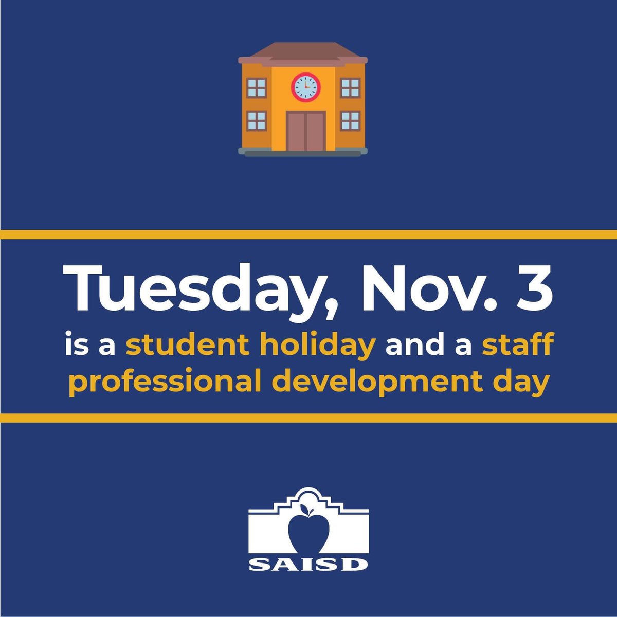 Rod_Montessori's tweet photo. 🚨 Reminder! Tuesday, Nov. 3, is an SAISD student holiday and staff professional development day. 🚨

🚨 ¡Recordatorio! El martes, 3 de nov. es un día feriado para los estudiantes de y día de desarrollo profesional para el personal de SAISD.🚨 https://t.co/tfmmPmPabC