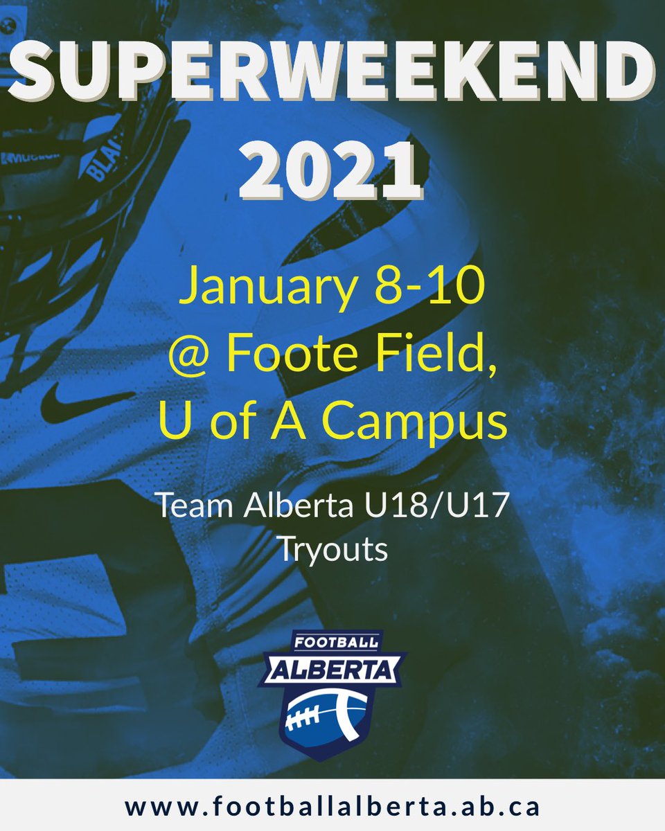 FootballAlberta's tweet photo. Today we opened our registration for SUPERWEEKEND 2021!
🏈🏈
Anyone born in 2004 or 2005 in an Alberta High School is eligible to register. Pls visit our website for more details.
🏈🏈
#football #footballalta #footballalberta #superweekend #u18 #u17 #teamalberta #footefield #uofa https://t.co/h8mdlZ9hVE