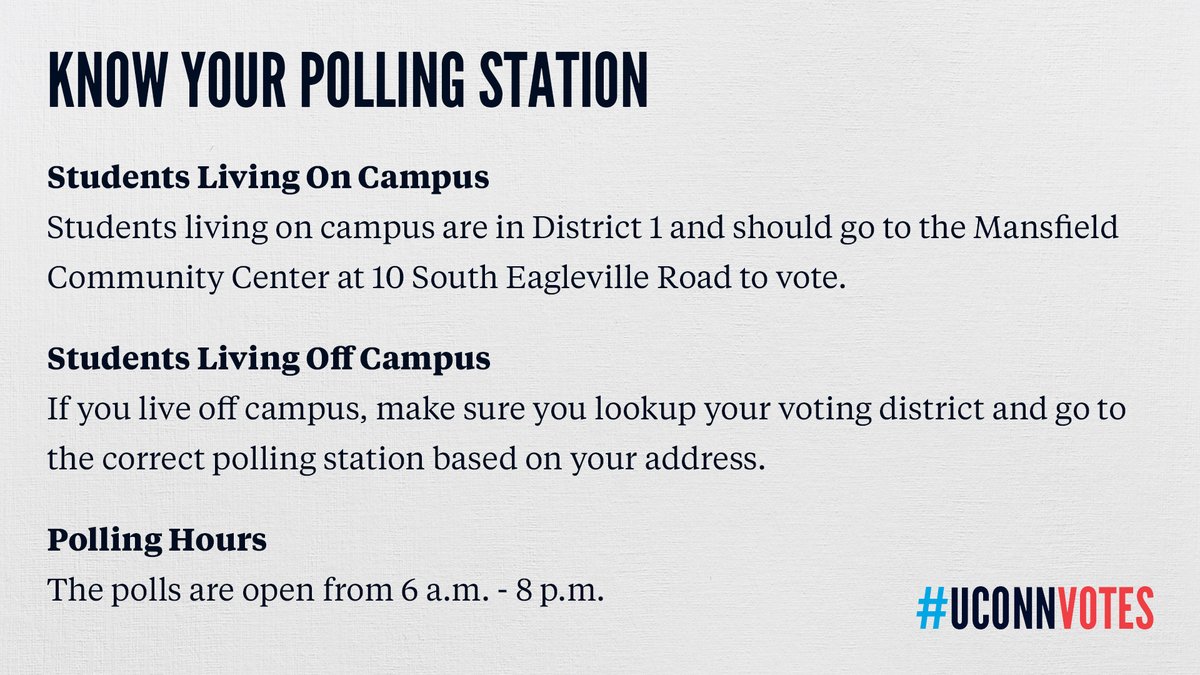 UConn's tweet photo. Are you registered to vote in @Mansfield_CT? Make sure you know where to go on #ElectionDay!

On-campus students:
Mansfield Community Center

Off-campus students:
https://t.co/keHmilS5ib 

#UConnVotes https://t.co/Gibwr2OSQ7