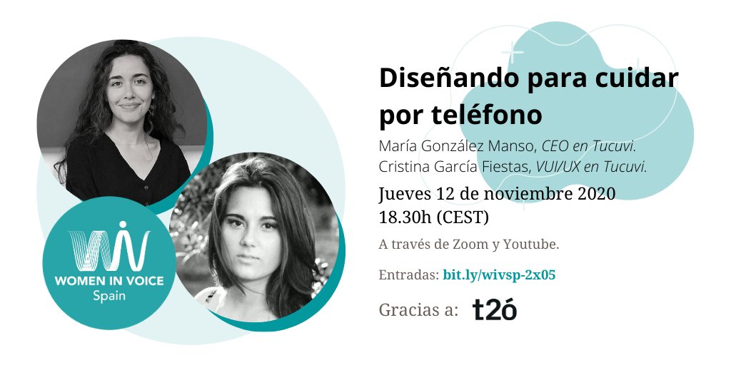 #NewEvent #WiVSpain [2x05] 
"Diseñando para cuidar por teléfono", con @MariaGnzlezMans (CEO) y <a href="/katehava/">Cris Fiestas</a> (VUI &amp; UX) en <a href="/TucuviCare/">Tucuvi</a>.
¿Te apuntas?

📅 Jueves 12 de noviembre 2020
⏰ 18.30pm España (CEST), 11.30am México (CDT), 9.30am Seattle (PDT).

🎟️ bit.ly/wivsp-2x05