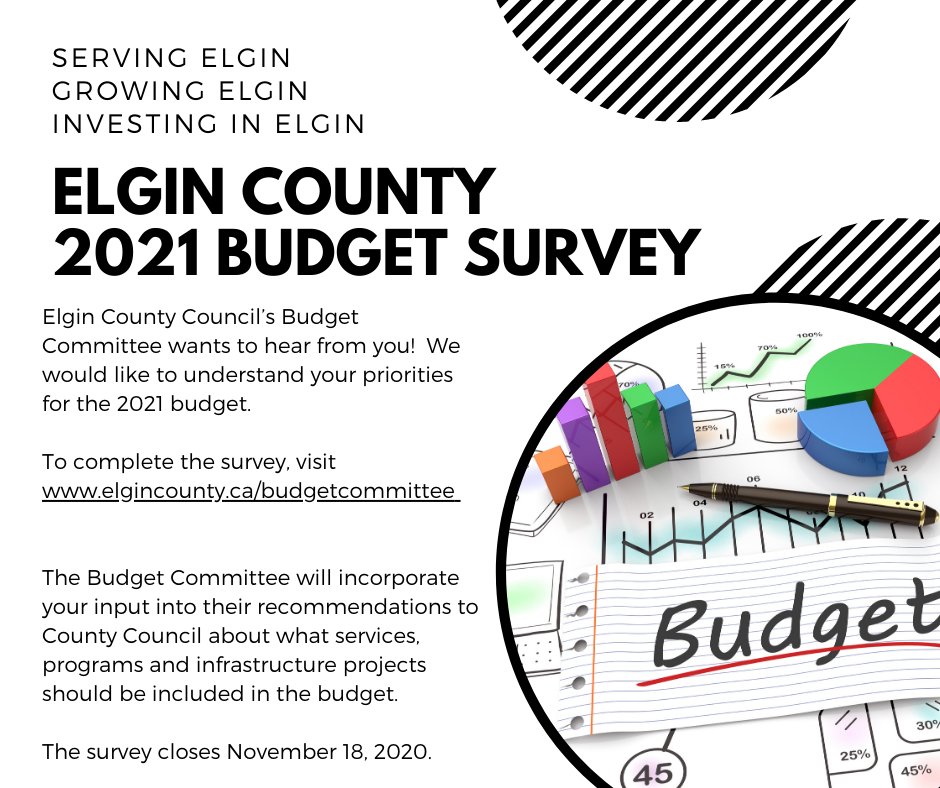 Elgin County Council’s Budget Committee wants to hear from you! We would like to understand your priorities for the 2021 budget. To complete the survey, visit surveymonkey.com/r/ElginCounty2…