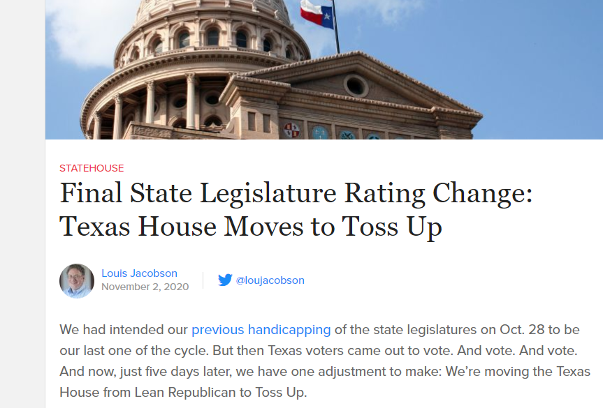 Redistrict's tweet photo. New @CookPolitical: one day out, we now believe the race for the TX state house is a toss up, w/ potentially massive implications for 2021 redistricting & beyond. Read @loujacobson's final legislative update: https://t.co/jDa4NoElyL https://t.co/gwOuFAnVFa