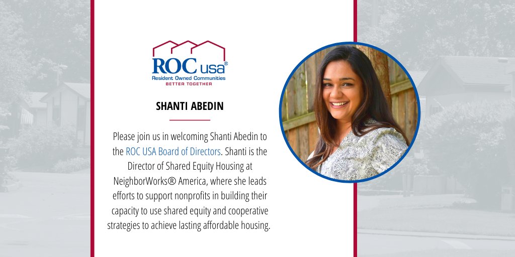 ROCUSAorg's tweet photo. Shanti Abedin, Director of Shared Equity Housing at @neighborworks, has been appointed to the ROC USA Board of Directors.
Read more: https://t.co/DxGW0zIeEN
#BoardofDirectors #AffordableHousing #SharedEquityHousing https://t.co/h8fK7wQPoR