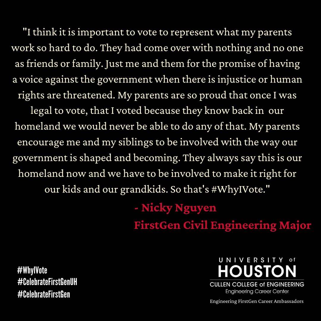 cullen_careers's tweet photo. Thank you @Nickysaurr for allowing us to amplify your #UHfirstgen voice and telling us why you think it's important to vote. #CelebrateFirstgenUH #CelebrateFirstgen #WhyIVote https://t.co/de0SBkoFlO