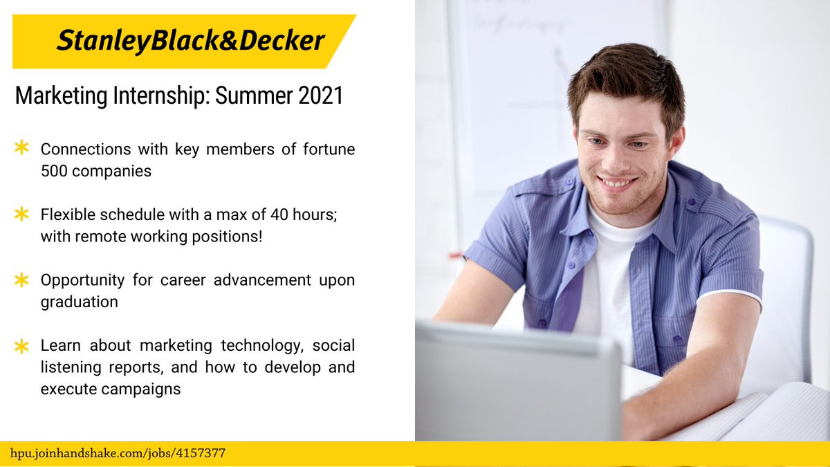 HPUcdc's tweet photo. Check out these internship opportunities for Stanley Black &amp; Decker! Those majoring in communications and marketing are encouraged to apply.
https://t.co/es30XeTT45
https://t.co/9j42oZrvqA https://t.co/nDAt0efZfc
