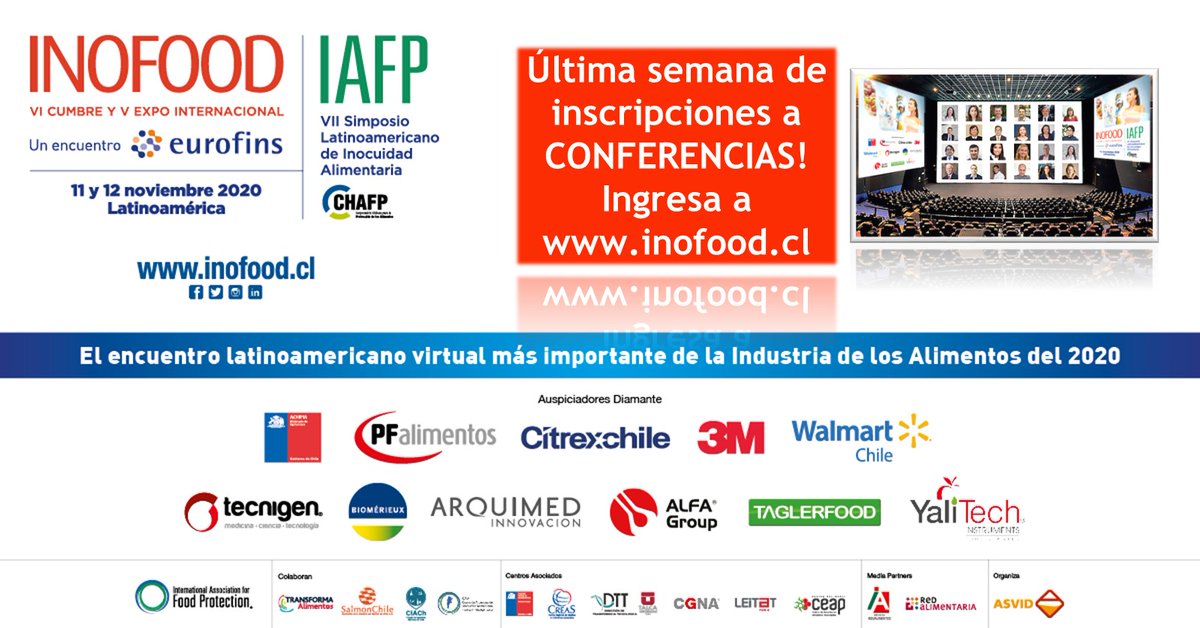 inofood_cl's tweet photo. Última semana de inscripciones full evento! No te pierdas la oportunidad de formar parte del Encuentro Latinoamericano virtual más importante de la industria de los alimentos del 2020.
Inscríbete en https://t.co/YZDJ8GQvRs
#inofood #iafp #chafp #alimentos #foodsafety #innovación https://t.co/ZAxqgE3SaS