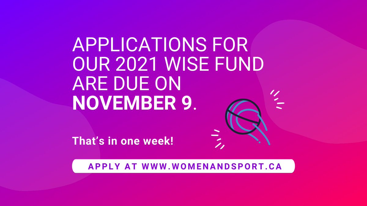 Applications for our 2021 WISE Fund are due on November 9 – that’s in one week! Learn more about how you could get funding to kick start your gender equity initiative: womenandsport.ca/resources/wise….