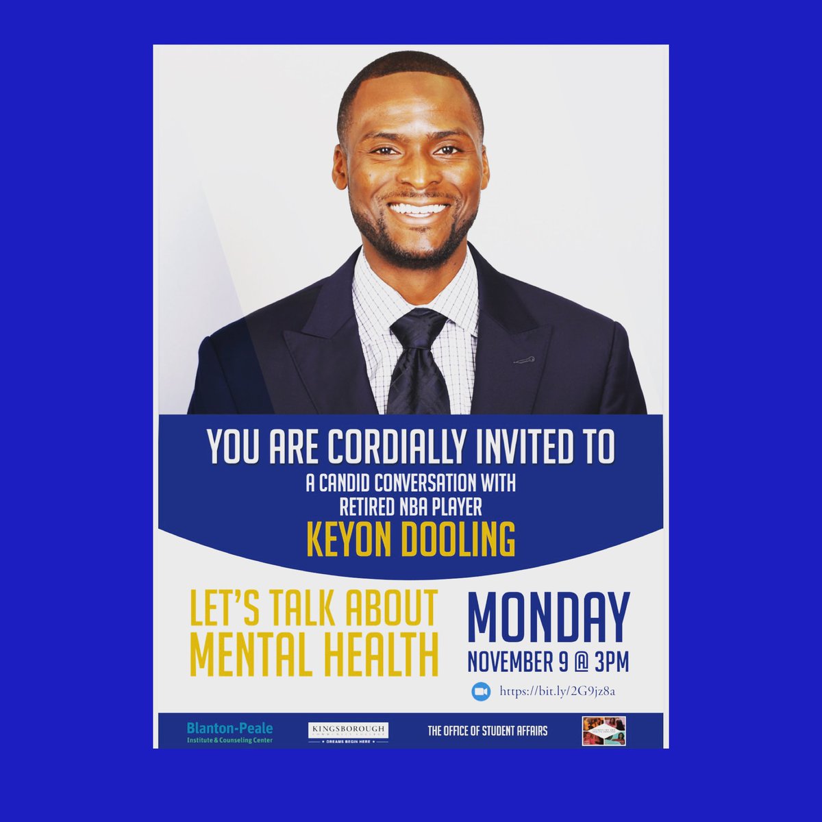 KBCCPSD's tweet photo. @Keyon_Dooling On Monday, November 9 at 3PM, the Blanton-Peale Institute &amp; Counseling Center in partnership with KCC’s Office of Student Affairs, and Counseling &amp; Health Services, will host a candid conversation with retired NBA player Keyon Dooling “Let’s Talk Mental Health.” https://t.co/7wlIYJ6buE