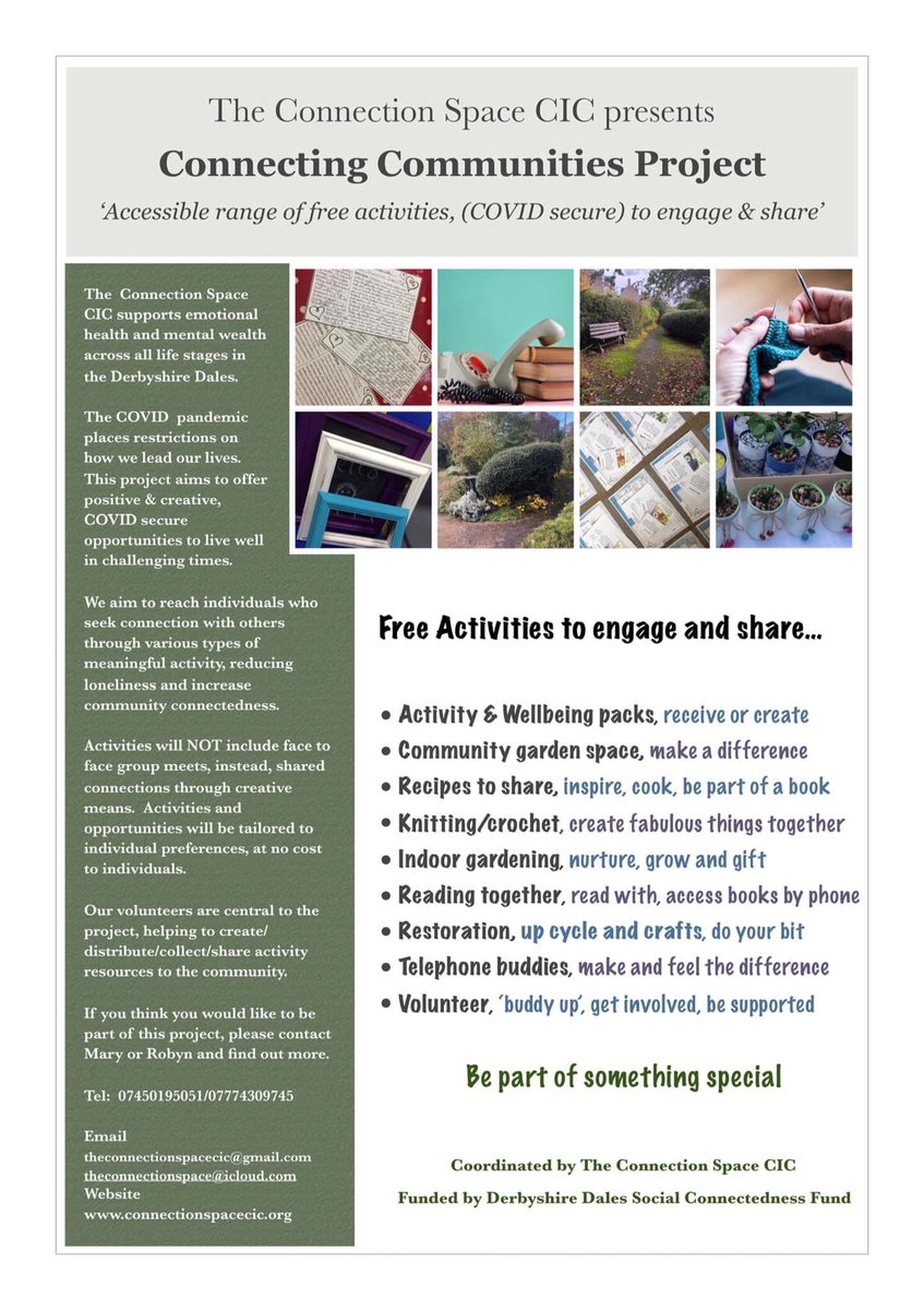 TConnectionSp's tweet image. Introducing our next project, ‘ Connecting Communities’ - Accessible, free activities (COVID secure), to engage and share.  No f2f meets, but instead, activities designed to support creative ways of connectivity. #DerbyshireDales #SocialConnectedness @OTherapistMH @DDCVS