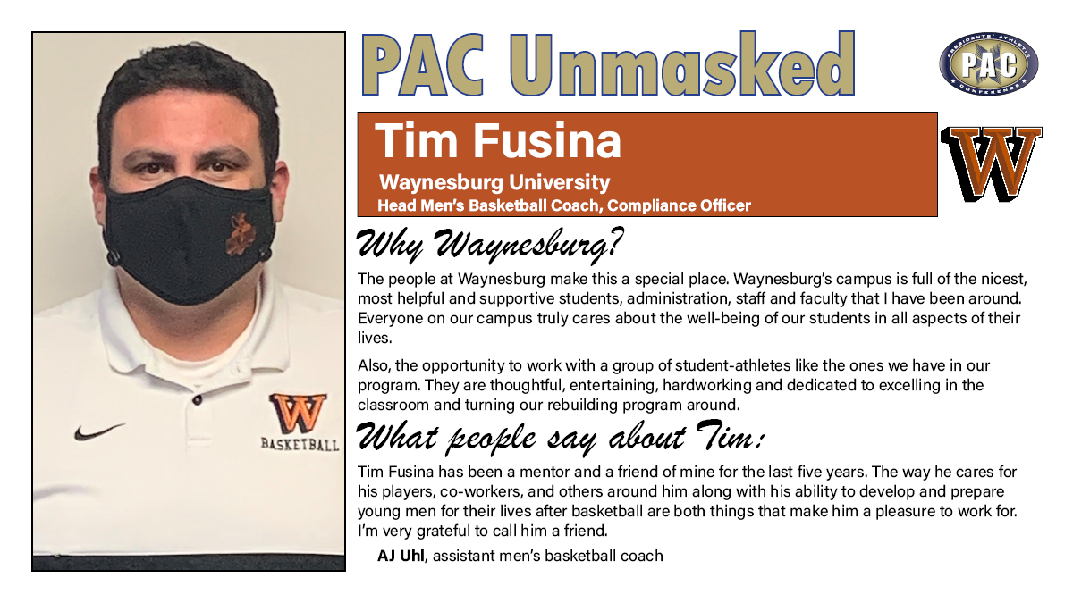 PAC_Athletics's tweet photo. This Monday’s “PAC Unmasked” highlight is responsible for keeping @WaynesburgSport student-athletes eligible to play. He truly cares about his student-athletes in and out of athletics. @coachtimfusina https://t.co/C9ixk1XqQs