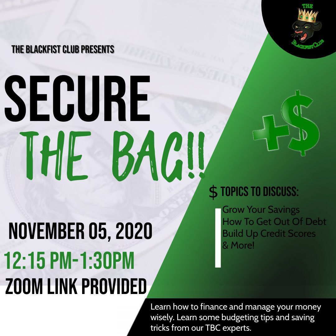 TBC_ODU's tweet photo. Join The Blackfist Club as we have a conversation about finance and money management! We'll give you some smart money skills so you can really secure ya bag 😝. Look for us on Nov 5th‼️ Can't wait to see you there!💚✊🏽

#peace #odu21 #odu22 #odu23 #odu24 https://t.co/qwkRPgbUiS