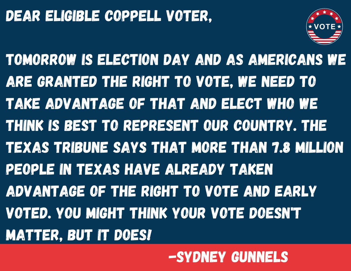 SydneyG_NTHC's tweet photo. Tomorrow is election day! Take advantage of the right to vote and go do it today.@DigitalZruiz @Bence_EDU #IfICouldVote #VoteByDesign #KQEDLearn @NewTechCoppell https://t.co/AVvZQRtzkQ