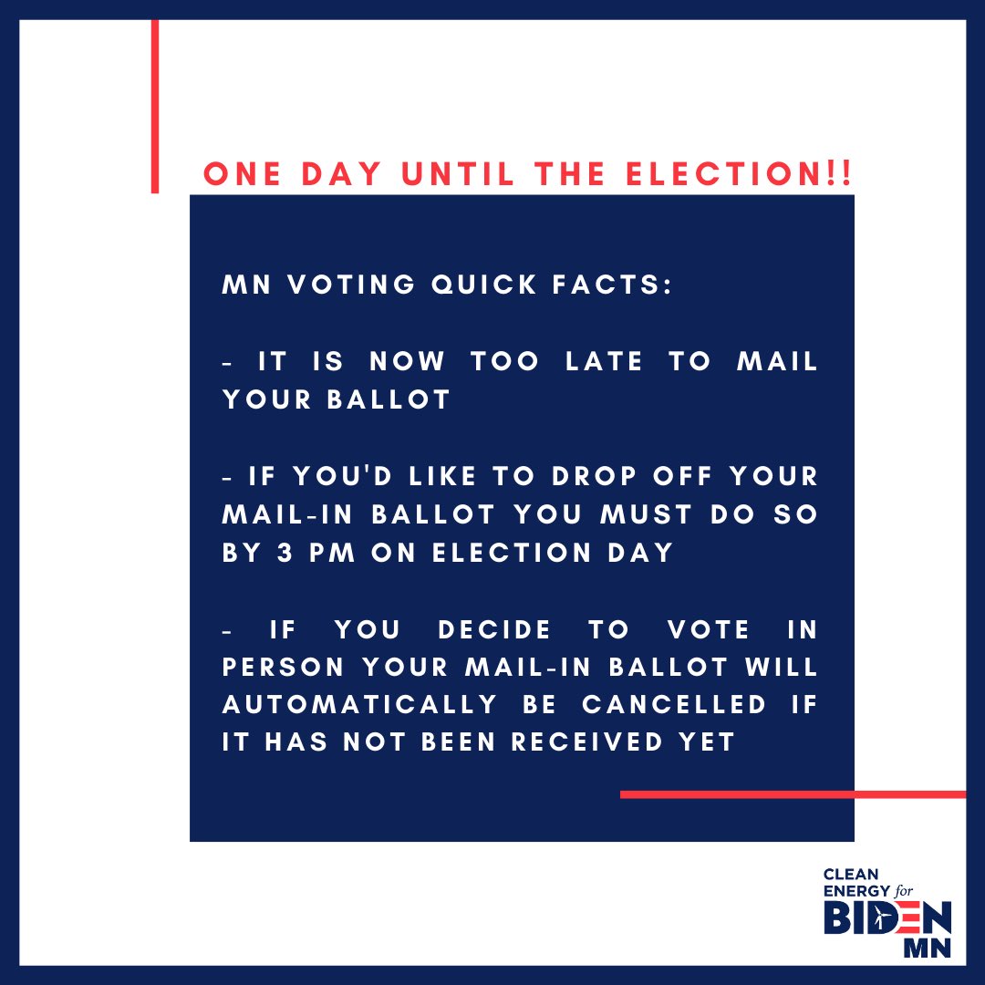 MNCE4B's tweet photo. Some MN voting quick facts. Make sure your vote is counted!! For more info you can go to https://t.co/pHpjpy4Y2e. Let’s elect Joe Biden and Kamala Harris! #mnce4b #vote #BidenHarris2020 #cleanenergy https://t.co/CzA8wjzze1