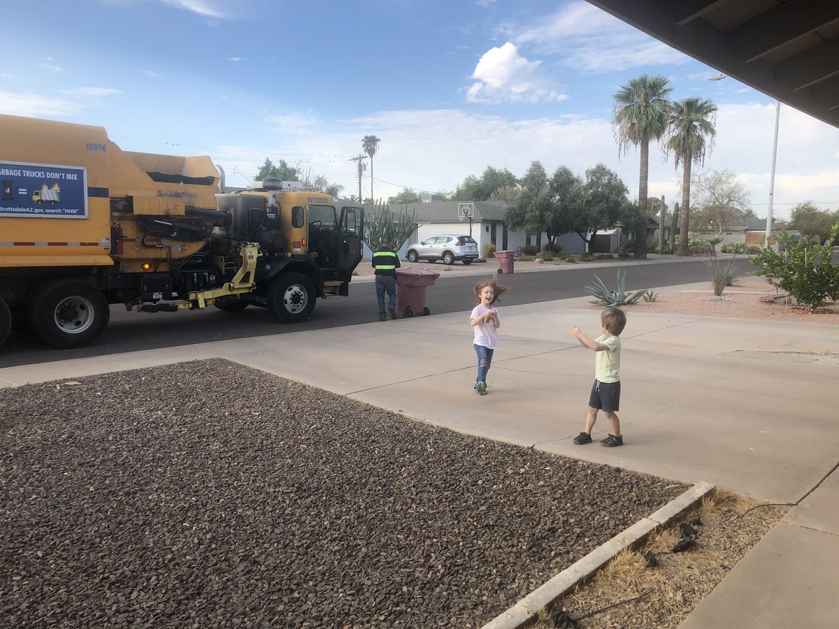 ahartoun's tweet photo. Thought garbage truck was stopping to tell my kids they needed to move out of the way. Instead he wanted to give my kids toy trucks. Best 2020 moment yet. @scottsdaleazgov https://t.co/0XVsmIpwzf