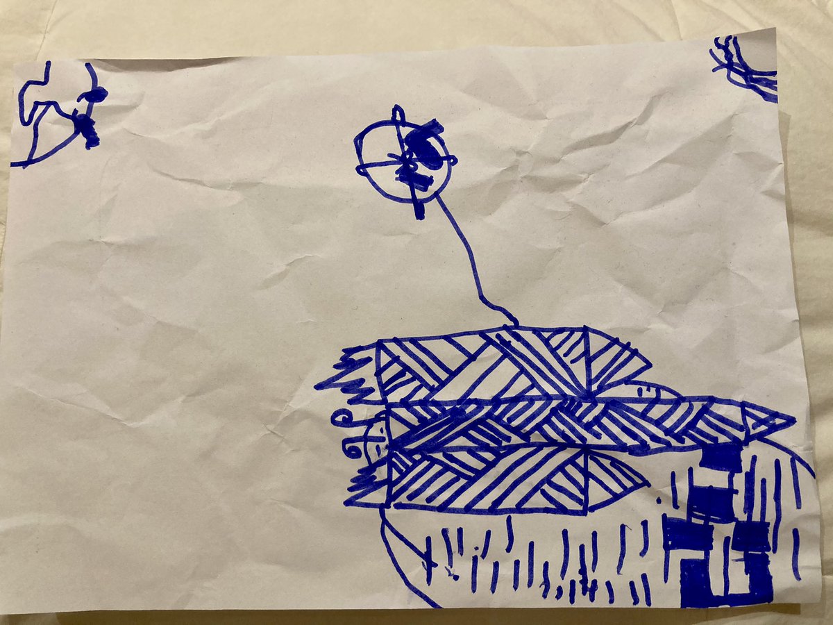 JulietteJowit's tweet photo. @NASA my 7yo son is worried about the debris in space, só has designed you a special rocket with a magnetic ball to capture lots of items. The flames on Earth are where the rocket launched. Here it is passing the moon. The idea’s yours, though I’m sure he’d like 50p for sweets. https://t.co/IMsuZhuLjy