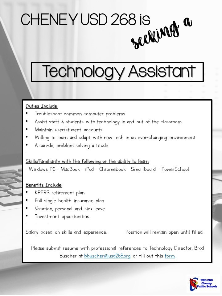 CheneyElem's tweet photo. USD 268 is Seeking a District Technology Assistant. If interested, please fill out this form: https://t.co/hDfYYu6j15, or follow the directions below. https://t.co/O6O94JQX5T