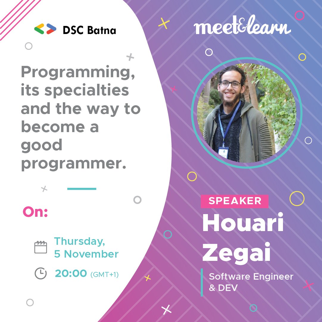 GDSCBatna's tweet photo. Our first speaker on Meet&amp;Learn Series with @HouariZegai
👉 Software Engineer graduated 
👉 GDG Tiaret Organizer 
👉 DSC UIK Tiaret Core Team Member 
 👉 Founder &amp; Manager Of Technical Facebook Page and YouTube Channel
#dscbatna
#googledevelopers
#meetandlearn
#batna https://t.co/i9gRjhUAQK