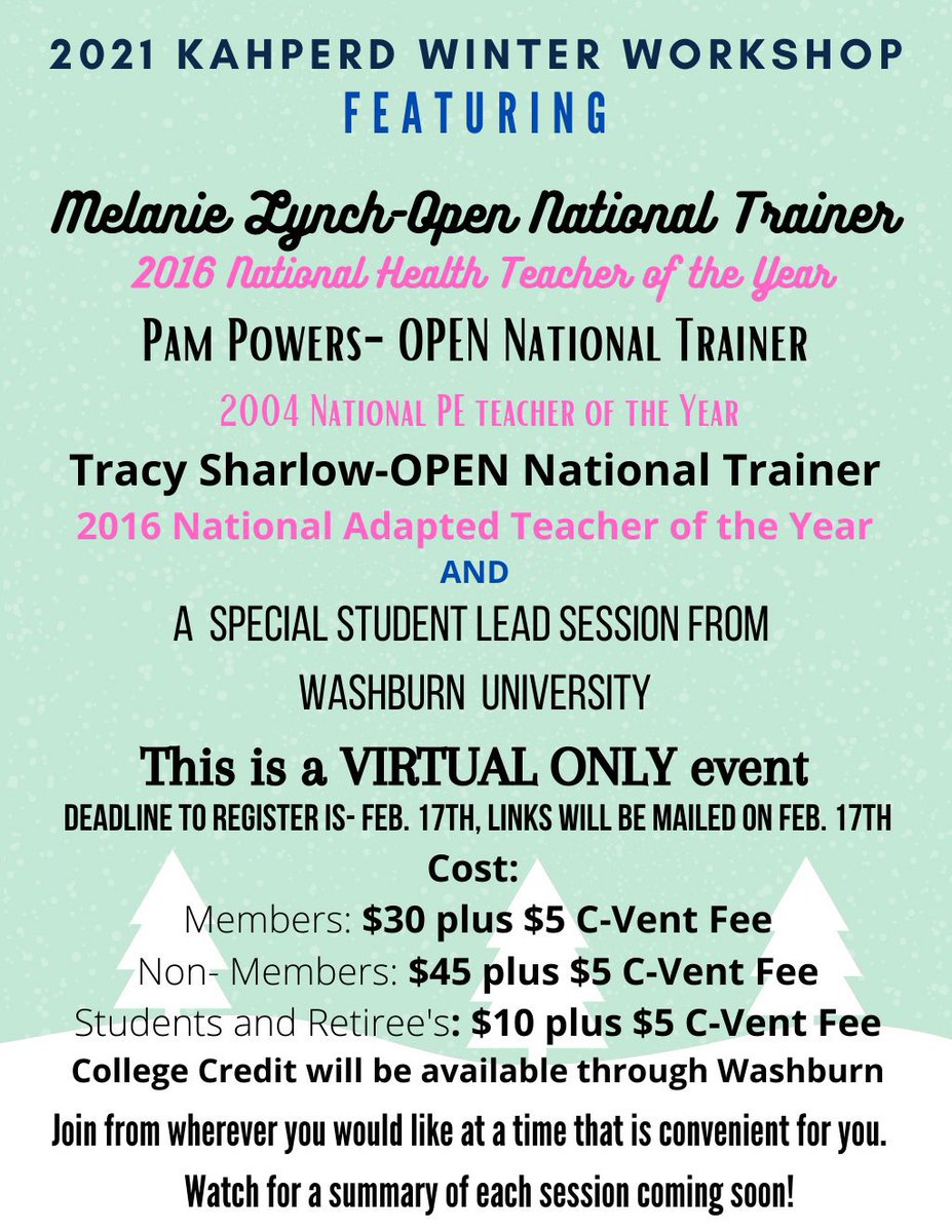 KAHPERD's tweet photo. 2021 KAHPERD Wintershop is a go!
Presenters will be @MelanieLynch52 @psquaredpe and @TracyNSharlow!
With a student led presentation from @WashburnUniv HPER majors!
@ksdehq 
Come join us and continue to increase your knowledge. SPREAD THE WORD! #StayHealthy #StayActive https://t.co/cBdqi7FTNz