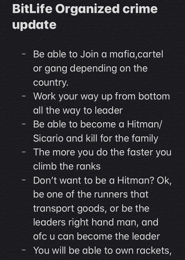 FirstLa06522981's tweet photo. @BitLifeApp @BitLifeApp PLEASE ADD THIS TO THE GAME!!!!! #MafiaUpdate https://t.co/yAPu2jR92d
