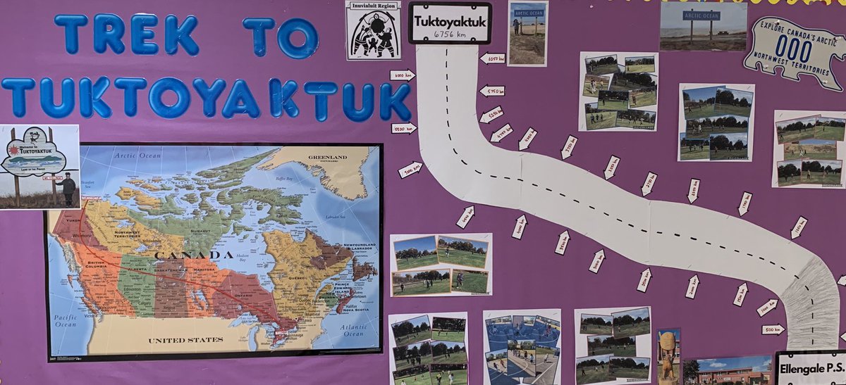 PEwithMrsV's tweet photo. K-6 students are walking and/or running to reach a school goal of travelling the distance to Tuktoyaktuk in NWT. So far, we’ve gone 1000 km. When we make it, each class will get a virtual visit &amp; Q &amp; A with Ms Collings (past T.A.) who lives/works there now! ⁦@EllengalePS⁩ https://t.co/kAN3kMYmoW
