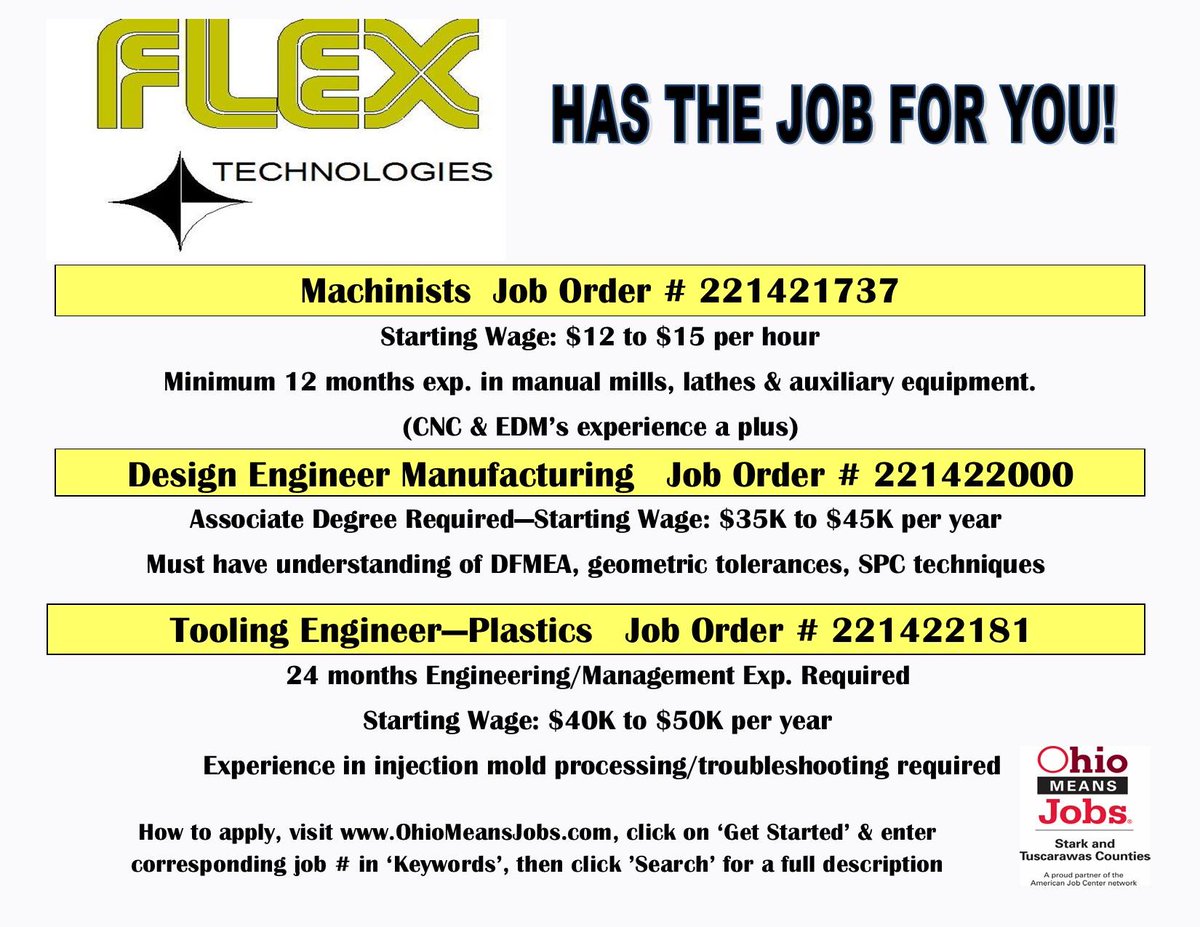 OmjStark's tweet image. Flex Technologies is hiring Machinists @$12-$15/hour, Design Engineer Manufacturing @$35,000-$45,000/year, and Tooling Engineer @$40,000-$50,000/year.  Experience required.
#machinists #designengineer, #toolingengineer #manufacturingjobs #Gethired #MondayMotivation