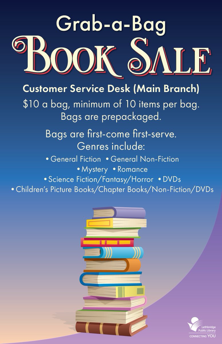 LethLib's tweet photo. Pssssst! We’re having a Grab-a-Bag Book Sale. For $10/bag you can pick prepackaged bags of books. Available at the Main Branch only. Visit https://t.co/jTl5kl5mhD for details. https://t.co/hrI2sb2FYp