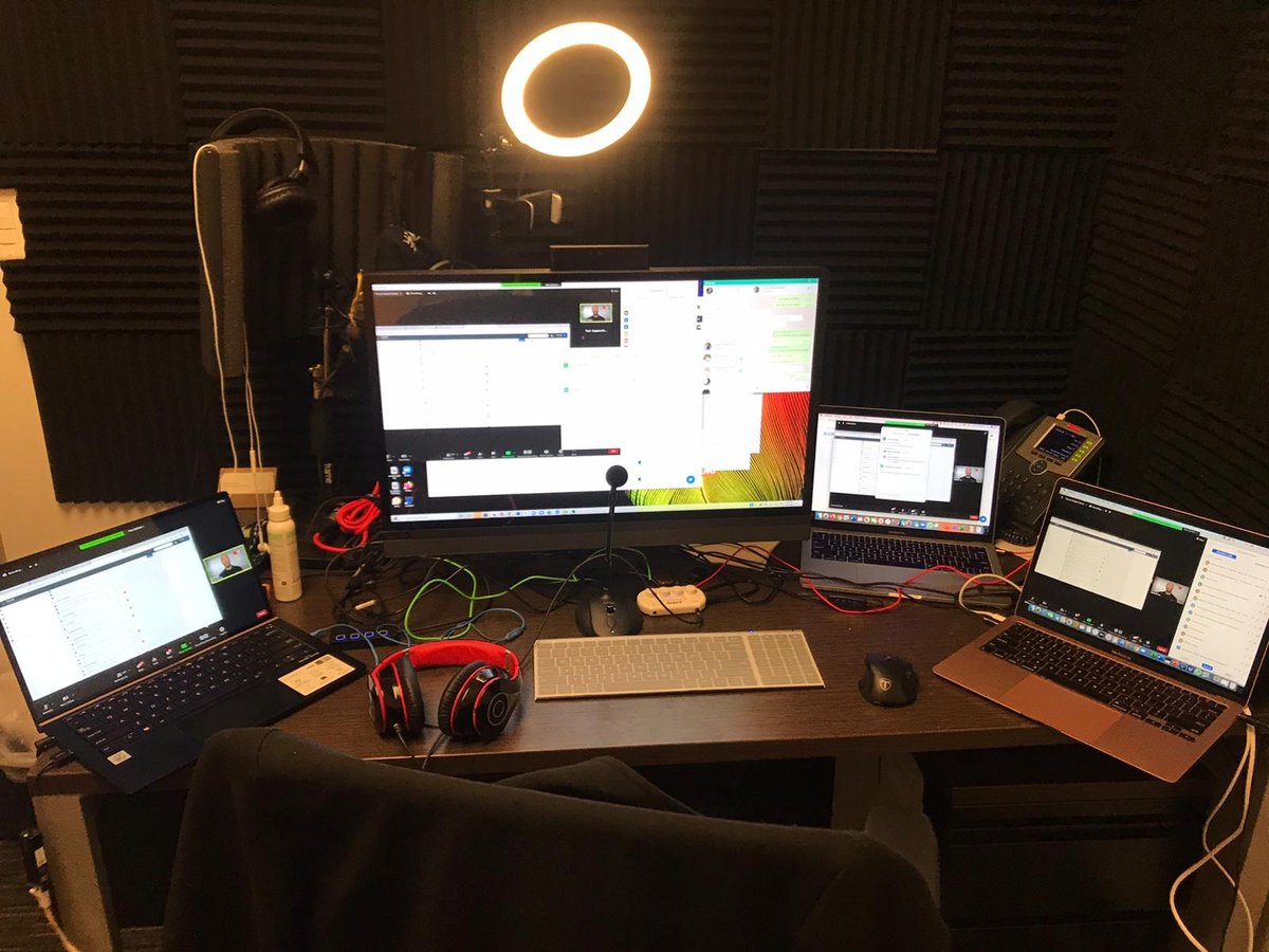 TEA Zoom teching this week with <a href="/timbrebkk/">Tamber Hilton</a> <a href="/ENM_Interpreter/">Ernest Niño-Murcia</a> <a href="/AimeeKBenavides/">Aimee Benavides</a> and <a href="/LauraInterprets/">Laura Vaughn Holcomb</a>. All these devices are recording or monitoring; all 40 speakers received mics, mic checks, and Zoom presenting tutorials before the conference. Day one success...and strong sound!