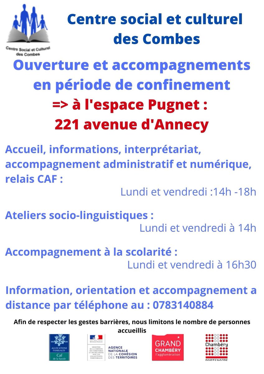CentreCombes's tweet photo. #Confinement2 nos accueils sont ouvert:
A Pugnet
=> Aide admin, numérique &amp; CAF: lundi et vendredi 14h-18h
=> Ateliers sociaux linguistiques: lundi et vendredi de 14h à 16h
=> Accompagnement à la scolarité: lundi et vendredi 16h30-18h https://t.co/j9fZnZVWPV