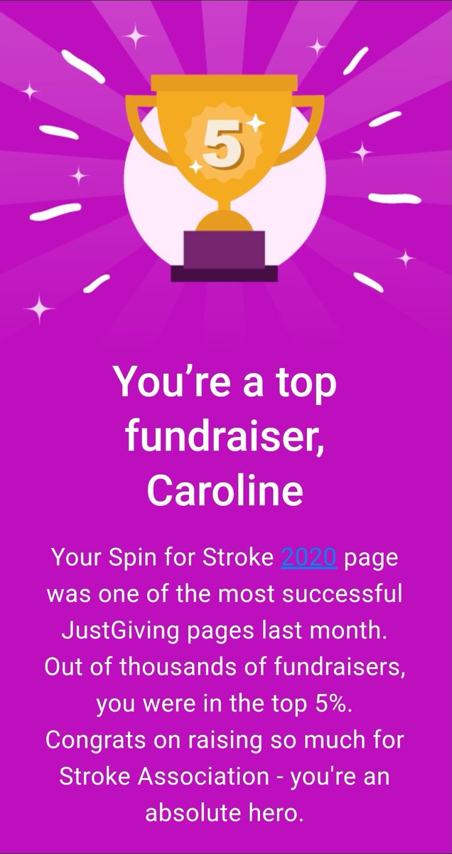 CazB82's tweet photo. Email just came through with this on ๐๐๐
#SpinForStroke #WorldStrokeDay2020 #DLGiving #StrokeAwareness #JustGiving #TopFundraiser
๐ Link in bio to donate ๐ https://t.co/u90eRpTK1V