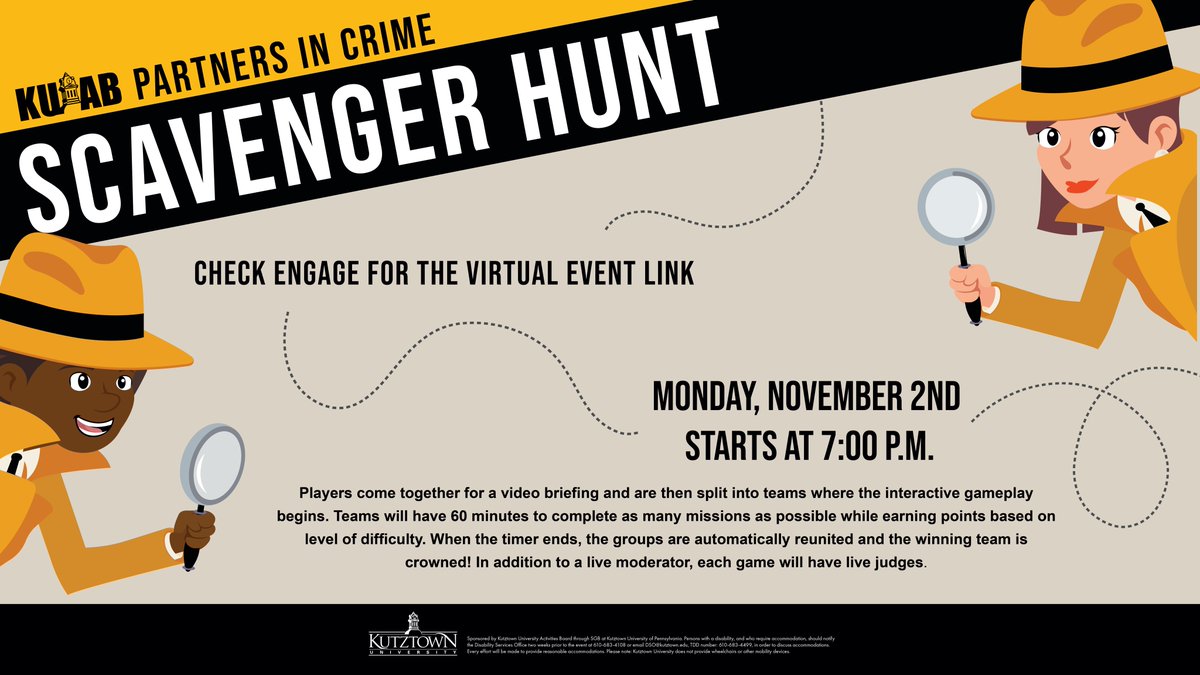 _KUAB's tweet photo. Tonight we are having a Partners In Crime virtual scavenger hunt! At 7:00PM-9:00PM, you and your team will have an hour to complete the amazing race with SNL and CSI! Tune in to our engage page for additional information and our virtual link!
Engage link: https://t.co/Wv8tRWuJLs https://t.co/PlKFkZ6Dmy