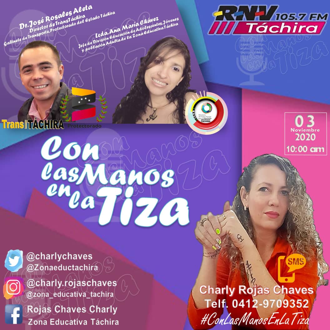 SEETachira's tweet photo. Una nueva entrevista en #ConLasManosEnLaTiza
Este martes 03/11/20 
No te la pierdas por @RNV_Tachira con la Lcda. @charlychaves 

@divceup @SPETachira @ZonaEducTachira @psuvaristobulo @Salud_MPPE @MPPEDUCACION @JorgePerezVZLA @EHer1983 @edward_arellano https://t.co/EbAp4WO8nS