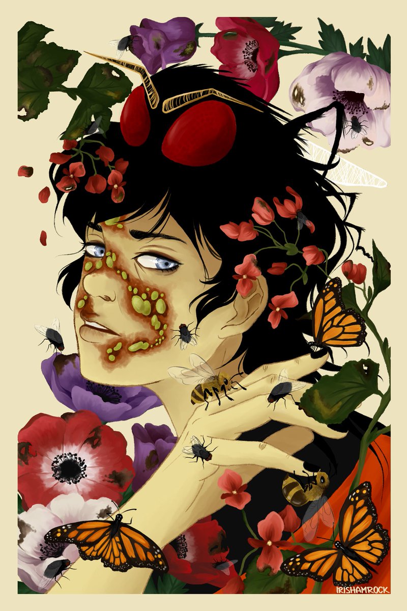 irishamrock_'s tweet photo. My second piece for the @oh_yuck fanzine, featuring my most beloved Prince of Hell and Lord of the Flies, Beelzebub. 
Anemones and begonias have mostly positive meanings, but can also symbolize death, sickness and dark thoughts. 
#GoodOmens #Beelzebub #GoodOmensBeelzebub #myart https://t.co/qqVzhKgib1