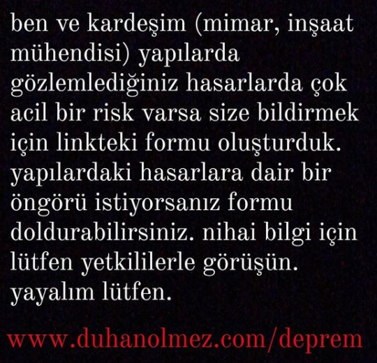 duhanolmez's tweet photo. arkadaşlar lütfen yayalım. amacımız acil bir şekilde riskli yapılardaki kullanıcılara durumu bildirmek. herhangi bir ücret talep etmiyoruz. #sedadincer #izmirdepreminde #izmirdepremi @YasarUniv @izmirdecevirme @izmirbld @Yasar_Mimarlik @bornovabld @bayraklibld https://t.co/AczPMjgro1