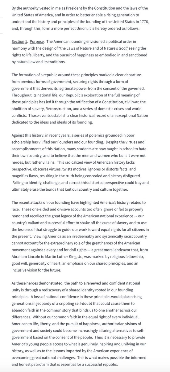 girlsreallyrule's tweet photo. The White House has posted Trump's "Executive Order on Establishing the President’s Advisory 1776 Commission," that basically seeks to re-write American history through "patriotic education" and erase the Times‘ 1619 project. 

This is Nazi-level ALARMING. https://t.co/tCDvzJfOXt https://t.co/m4hCbJxSOK