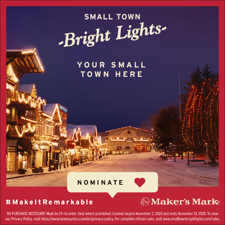 MakersMark's tweet image. We’re looking for one remarkable small town to deck out with holiday decorations galore. Nominate your town by tweeting @makersmark a photo of your town and what makes it special with #MakeItRemarkable. And if your town wins, we’ll do just that. Rules: smalltownbrightlights.com/rules