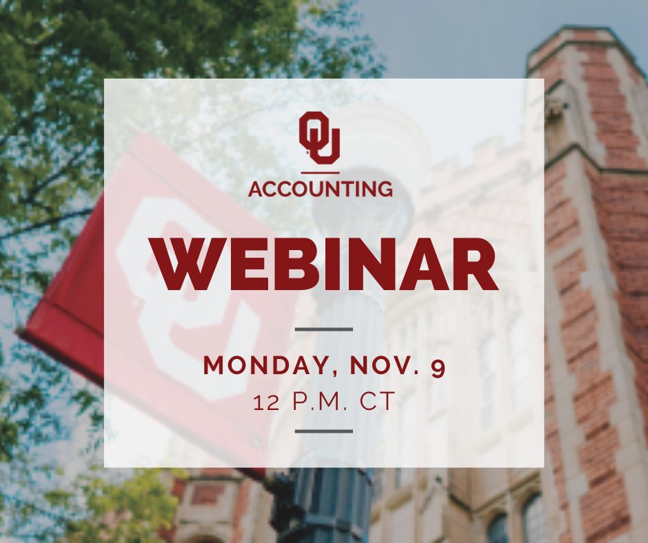MAcc_OU_'s tweet image. Miss our last online Master of Accountancy webinar? You're in luck - we're hosting one on Monday, Nov. 9th at 12 p.m. CT! Join us by registering here: bit.ly/34N0m5E