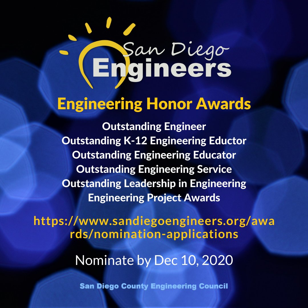 SDEngineers's tweet photo. Nominate today to recognize the contributions of local and aspiring engineers and projects. See details: https://t.co/zDtn0caQB1 
#SDCEC #SanDiegoEngineers  #ThisIsWhatAnEngineerLooksLike #Awards #Nominations #EngineersWeek https://t.co/7NOkyNtrWH