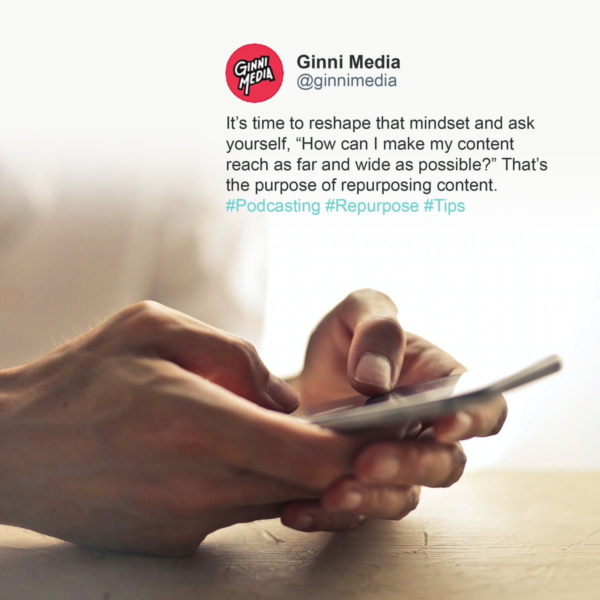 GinniMedia's tweet photo. I look at repurposing content through 2 lenses: time and attention. It saves you time from creating new content regularly, and it drives more traffic and engagement to your social media and podcast.

Need help in repurposing your long-form content? Contact us. 😎 https://t.co/UNBI491h6H